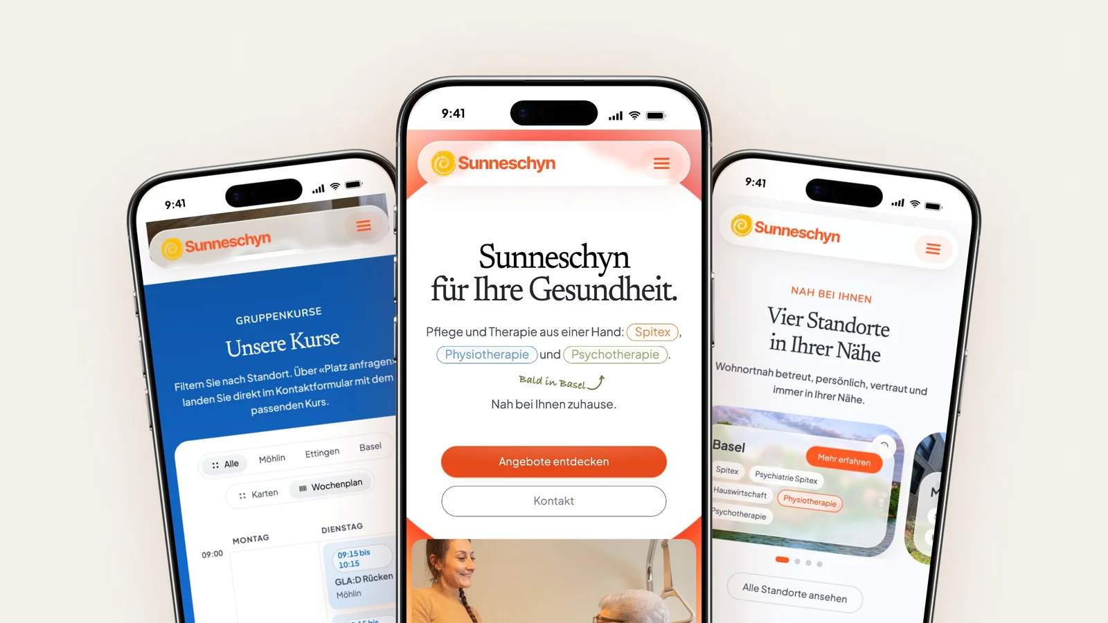Die neue Website der Sunneschyn GmbH auf drei iPhones: Startseite, Wochenplan der Gruppenkurse und Angebotsübersicht