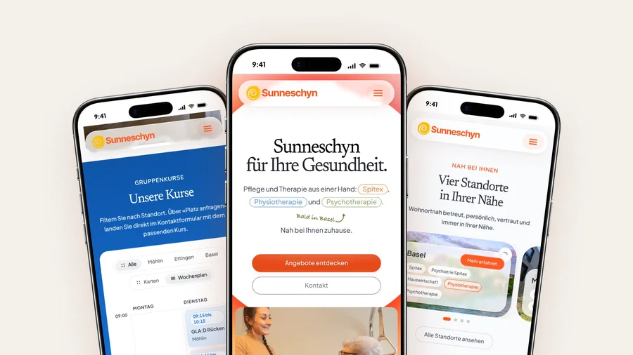 Die neue Website der Sunneschyn GmbH auf drei iPhones: Startseite, Wochenplan der Gruppenkurse und Angebotsübersicht