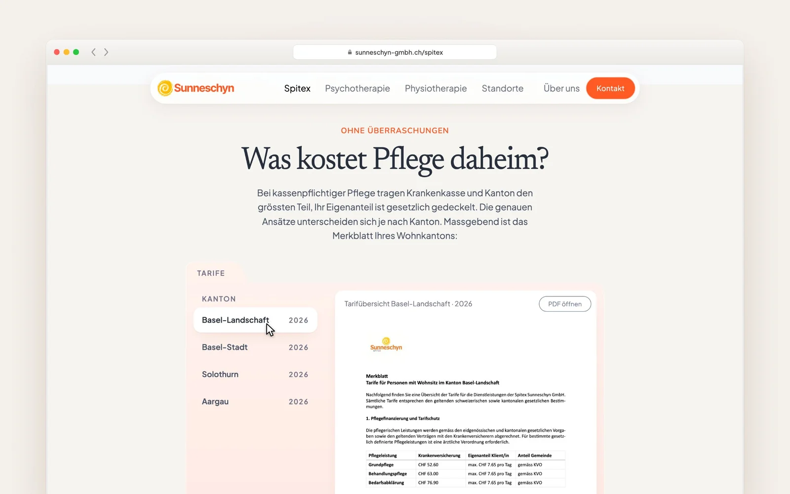 Kostenübersicht der Spitex mit Kantonsliste und Vorschau der Tarifübersicht