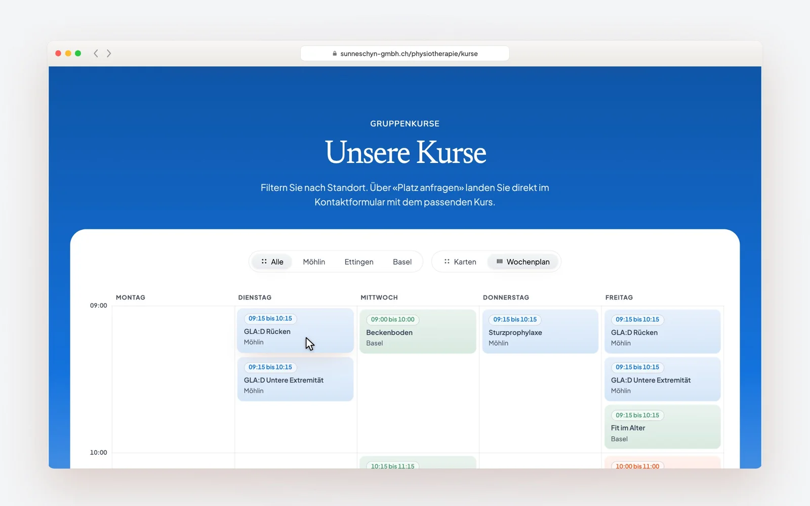 Wochenplan der Gruppenkurse im Browser mit Kurs-Kacheln pro Wochentag