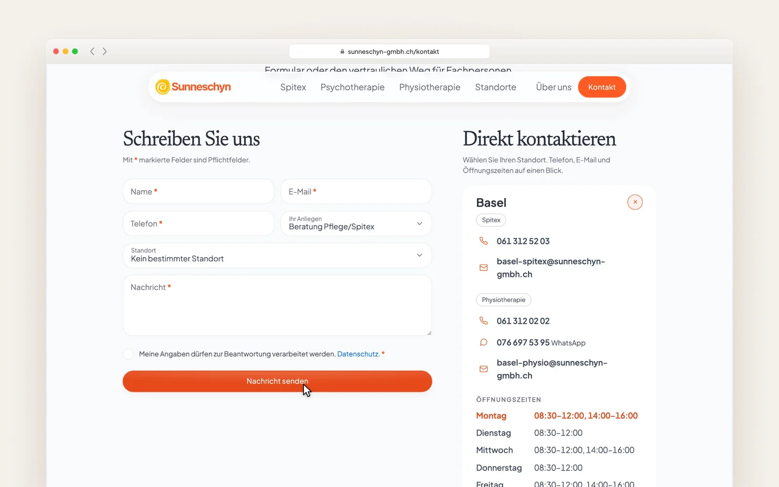 Kontaktformular und Standortkarte mit Telefon, E-Mail und Öffnungszeiten