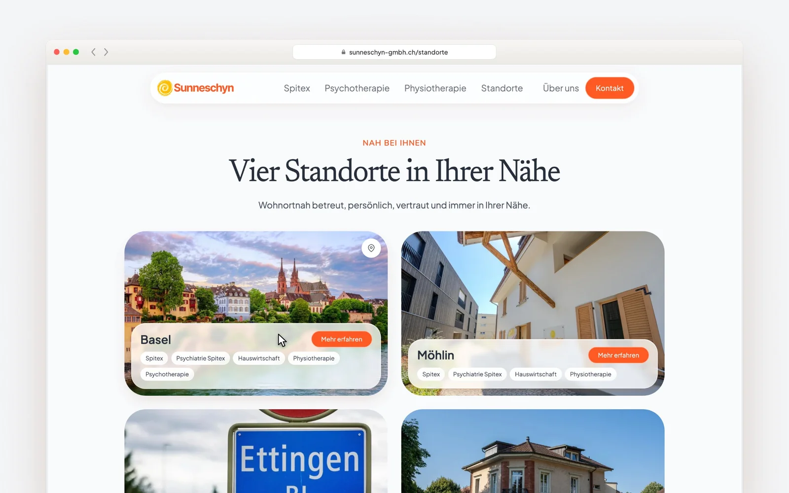 Übersicht der vier Standorte Basel, Möhlin, Ettingen und Laufen mit Fotokacheln