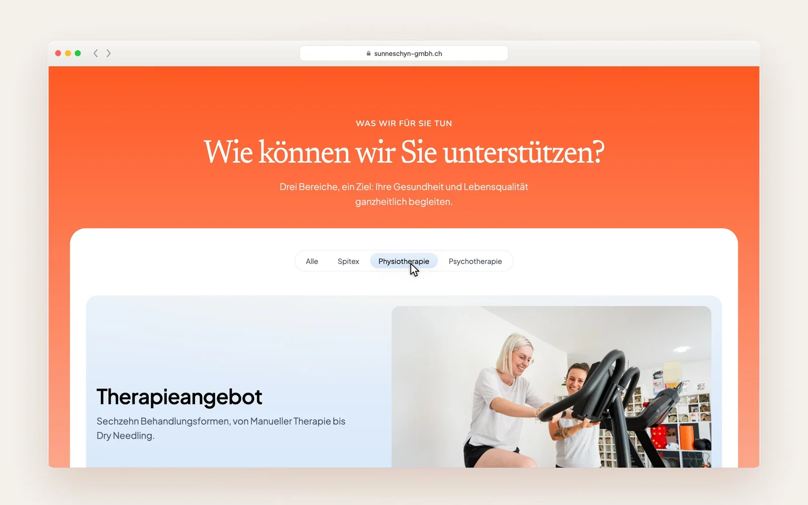 Startseite im Browser: die Angebotsübersicht mit Filter nach Spitex, Physiotherapie und Psychotherapie