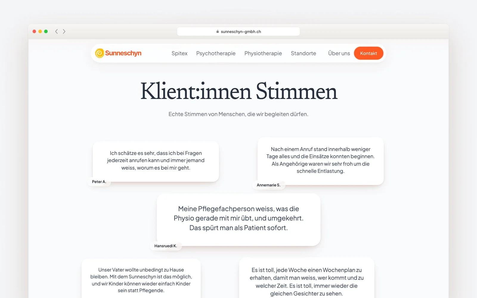 Stimmen von Klientinnen und Klienten als Sprechblasen auf der Startseite